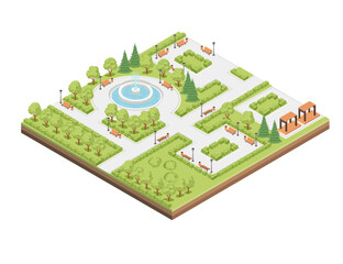 Isometric city park landscape design concept with water fountain vector illustration, isolated on white background