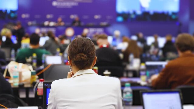 Journalists and correspondents working in media press center, live broadcasting, tv studio channel office, news report coverage of the political forum event, cameraman and editor, creating the news