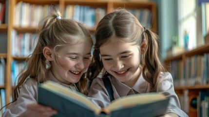Smiling And Cheerful Schoolgirls Reading A Book Together At School, Sharing A Moment Of Learning And Friendship
