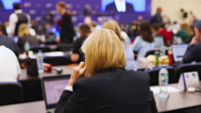 Journalists and correspondents working in media press center, live broadcasting, tv studio channel office, news report coverage of the political forum event, cameraman and editor, creating the news