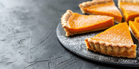 Sliced pieces of traditional american homemade pumpkin pie on grey stone background