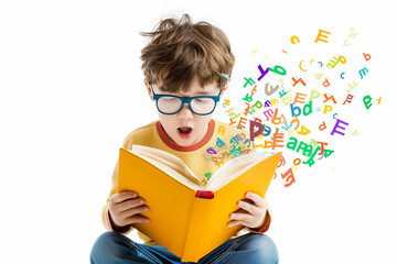 Child with dyslexia reading book with dancing letters. Concept of Dyslexia awareness and human brain development