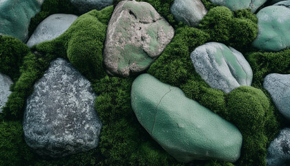 Stone surface with moss texture background. Green moody nature. Blurred backdrop.