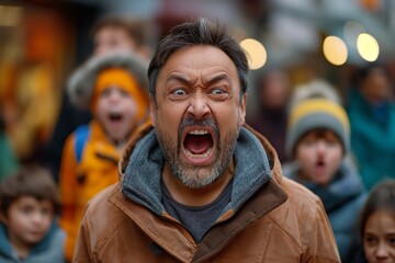 Obraz premium An emotional man yells with an intense expression, surrounded by a blurred crowd