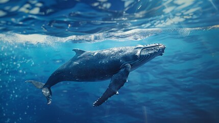 Majestic humpback whale frolics in shallow blue sea.