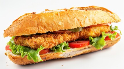 Breaded cutlet sandwich on a white background