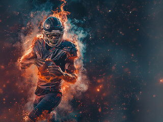 American football player holds a burning ball on a black background.