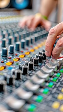 Close-up of sound engineer's hands adjusting audio levels on a professional mixing console in a recording studio.
