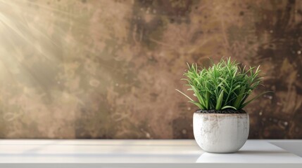 Modern interior design with faux potted plant on white table and blurred brown wall