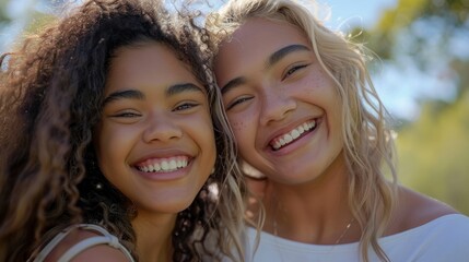 Fototapeta premium Smiling Mixed-Race Girls, Radiating Joy And Friendship