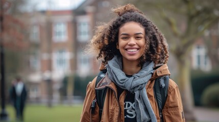 Obraz premium Smiling Student Walking In The Wind, Feeling Carefree And Happy