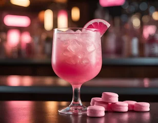 A sophisticated pink cocktail with ice and fruit slice in a stylish glass, served in a bar with soft lighting. Neon style. Minimal drinks concept. 