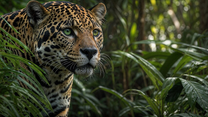 Obraz premium Jaguar with green eyes stalking prey, amazon rainforest background, cinematic shoot