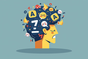 head with sad and happy face expressions floating around and letters. Concept of Dyslexia awareness and human brain development