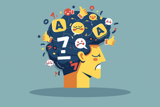 head with sad and happy face expressions floating around and letters. Concept of Dyslexia awareness and human brain development