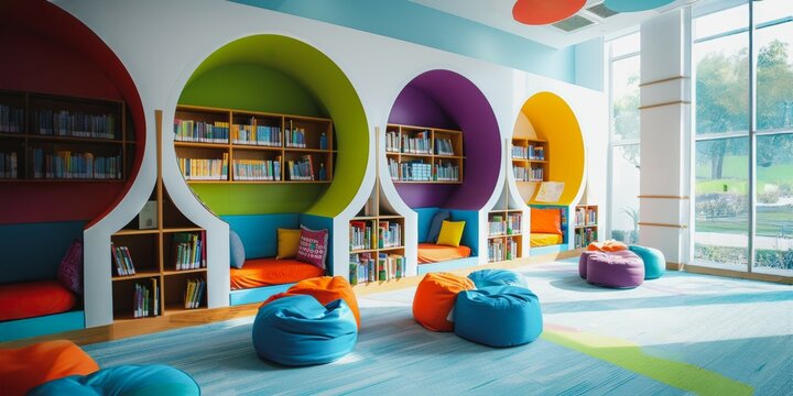 Colorful childrens library nook with bookcases and beanbag chairs