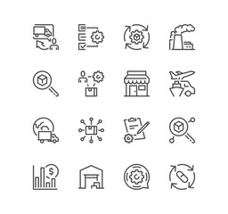 Set of value and supply chain related icons, product development, logistics, production, customer, innovation, material suppliers and linear variety vectors.
