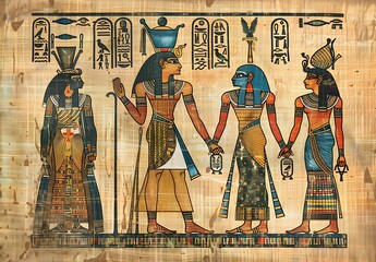 Ancient Egyptian Papyrus with Portraits of Pharaoh, Queen, and King in the Style of Egyptian Art - Generative AI