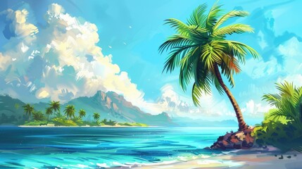 Naklejka premium Illustration featuring a tropical palm tree set against the backdrop of a serene island and shimmering sea