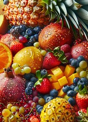 A close-up view of vibrant, fresh fruits with water droplets creating a refreshing and juicy background or wallpaper, perfect for food and health themes