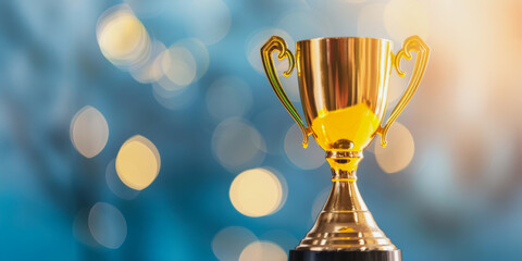 Golden trophy award for educational achievement in front of blurred lights
