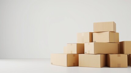 A stack of cardboard mail boxes of different sizes and shapes on a white background. Copy space.