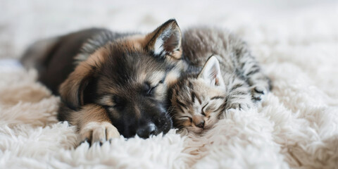 Adorable puppy and kitten snuggle and sleep together on a fluffy white blanket