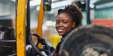 Smiling black woman operating forklift in industrial setting