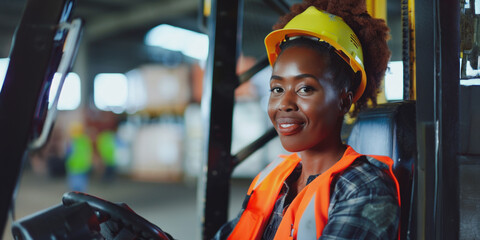 Black woman operating a forklift in a warehouse