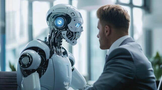Humanoid Robot in Business Discussion - A futuristic humanoid robot engages in a serious conversation with a businessman in a modern office setting.