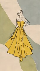 Yellow Minimalist Line Art Women Illustration