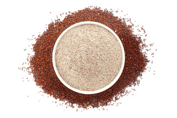 A bowl of Organic Ragi (Eleusine coracana) Flour, placed over a heap of Ragi. Isolated on a white background.