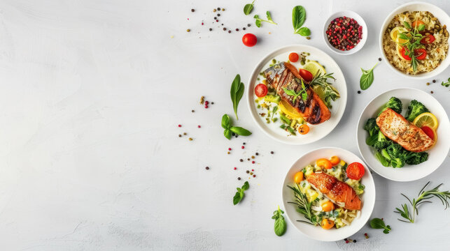 gourmet healthy meals with fresh vegetables and grilled fish on a textured white background, with copy space for text