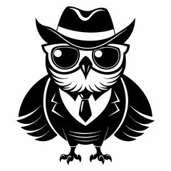 A cool vintage style owl with sun glasses and hat, silhouette black color on the  white  background