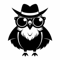 A cool vintage style owl with sun glasses and hat, silhouette black color on the  white  background