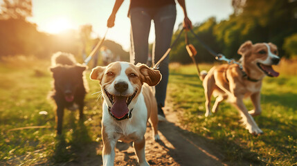 Dog walking on a leash in the park at sunset with happy pets enjoying the outdoor activity