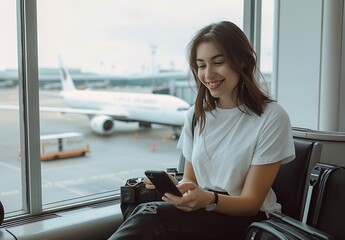 Woman at the airport sitting by the window using her smartphone waiting for a plane - Generative AI