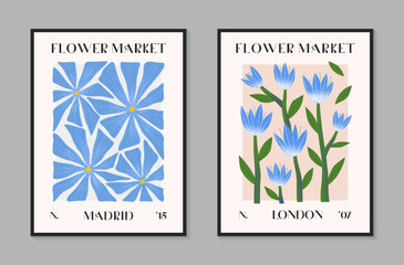 Abstact flower market vector posters with hand drawn florals.Modern botanical illustrations for prints,flyers,banners,invitations,branding design,covers,home decoration.