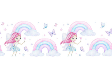 Cute Little fairies, rainbow, butterflies, clouds and stars. Watercolor seamless border for children's goods, clothes, postcards, baby shower and nursery, fabric