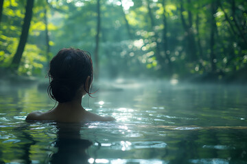 Fototapeta premium Woman Relaxing in an Outdoor Hot Spring