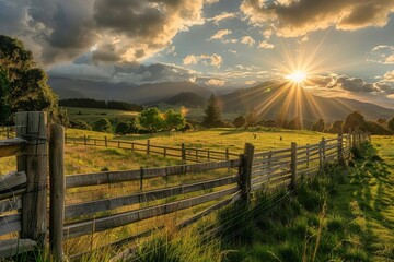 Fototapeta premium Backlit by the setting sun, a post and rail fence spans the farm