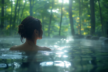 Woman Relaxing in an Outdoor Hot Spring
