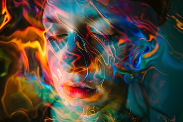 Obraz premium Vibrant light trails curve and bend across the features of a face in this close-up art concept
