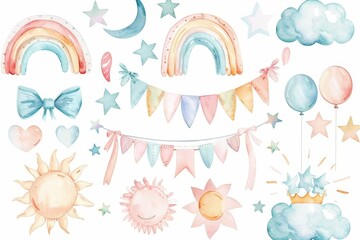 Isolated on white background, watercolor set of star, rainbow, raindrop, cloud, sun, moon, crown, and flags for the holiday.