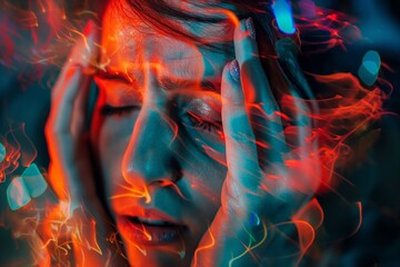 Obraz premium Woman's anguished face amidst orange light effects representing stress and headaches 