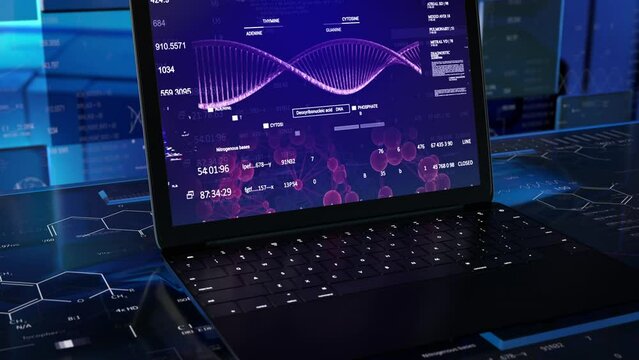 Medical UI monitoring computer room. Laptop on the desk 3D technological Heard rate monitor. Futuristic sci fi Interface. Sceleton, 3D Model Animation.Healthcare.