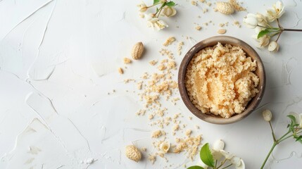 Organic skincare product peanut body scrub on white backdrop top view with empty space