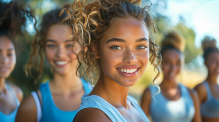 Fototapeta premium A group of women with bright smiles stand close together outdoors, enjoying a sunny day