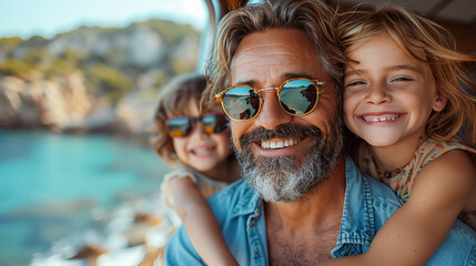 A dad in sunglasses and a blue shirt happily hugs his two kids by the ocean on a beautiful day with a scenic coastal view