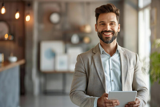 Real estate broker conducting a live virtual property tour with tablet during online conference.